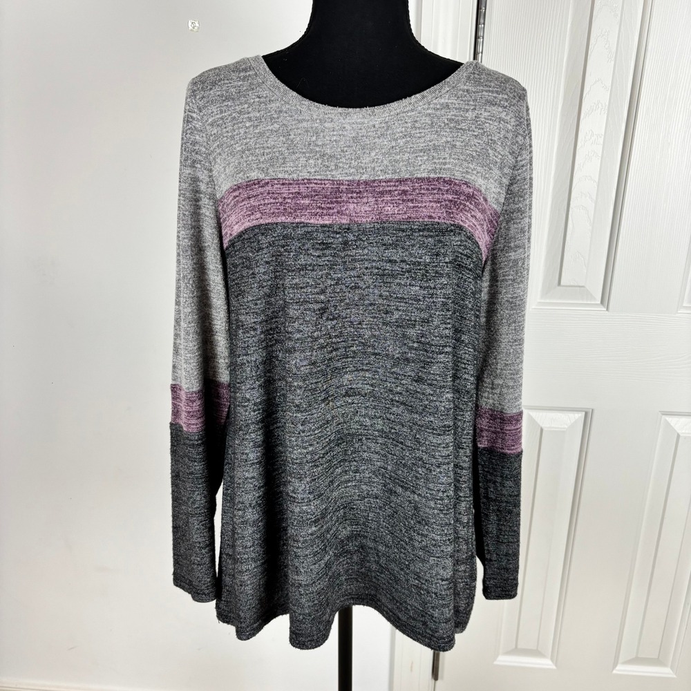 BloomChic Womens Grey Purple Colorblock Long Sleeve‎ Knit Top Plus Size 14-16